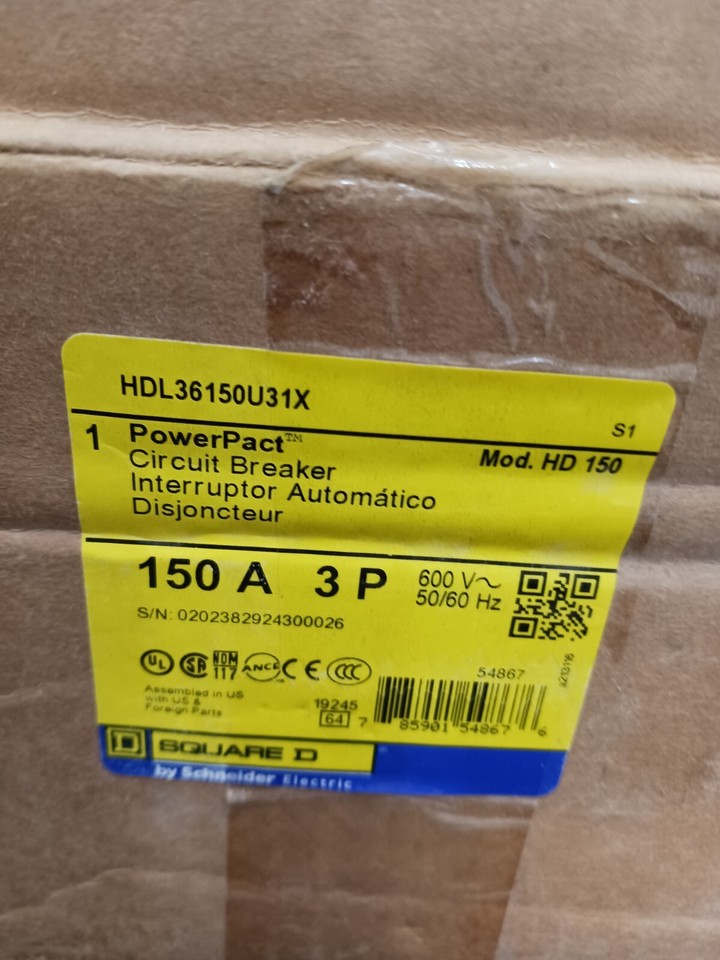 SQUARE D 150 AMP POWERPACT CIRCUIT BREAKER HDL36150U31X 3 POLE 600V 18kA 480 V eBay