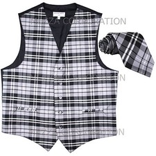 New Vesuvio Napoli Men's plaid checkered Tuxedo Vest Waistcoat Necktie Gray prom