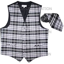 New Vesuvio Napoli Men's plaid checkered Tuxedo Vest Waistcoat_Necktie Gray prom