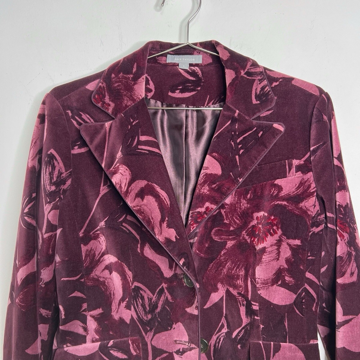 Ann Taylor Velvet Blazer Purple Floral Lined Holiday Women's Size
