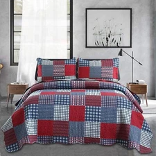 Jessy Home Plaid Quilt Set Queen Bedspreads Coverlet Set Red Blue White Patch...