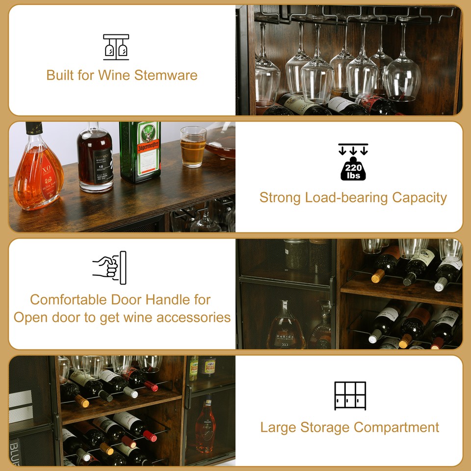 Wine Bar for Liquor and Glasses w/Glass Holder and Sliding Wine