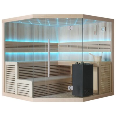 Sauna Saunakabine 180x180 cm aus Hemlock Harvia 9kW Virta Bi-O Ofen Ecksauna 