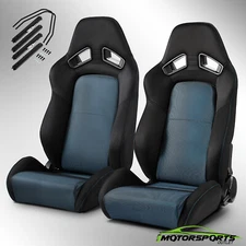 Universal Black+Blue Fabric Reclinable Racing Seats Pair Left/Right W/Slider
