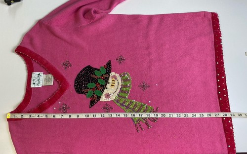 Quacker Factory Snowman Sweater Size L Pink Beads Sequins Holiday Christmas - Picture 5 of 8