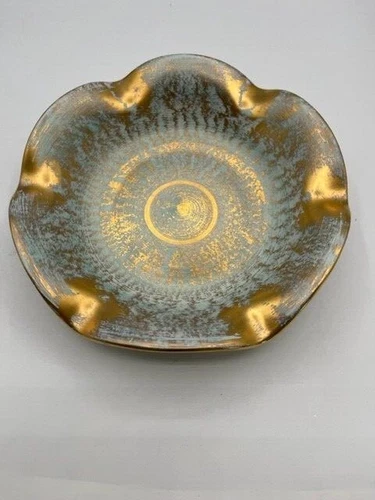 STANGL POTTERY  Gold Turquoise White Fluted Fruit Bowl (4062) No Chips Or Cracks