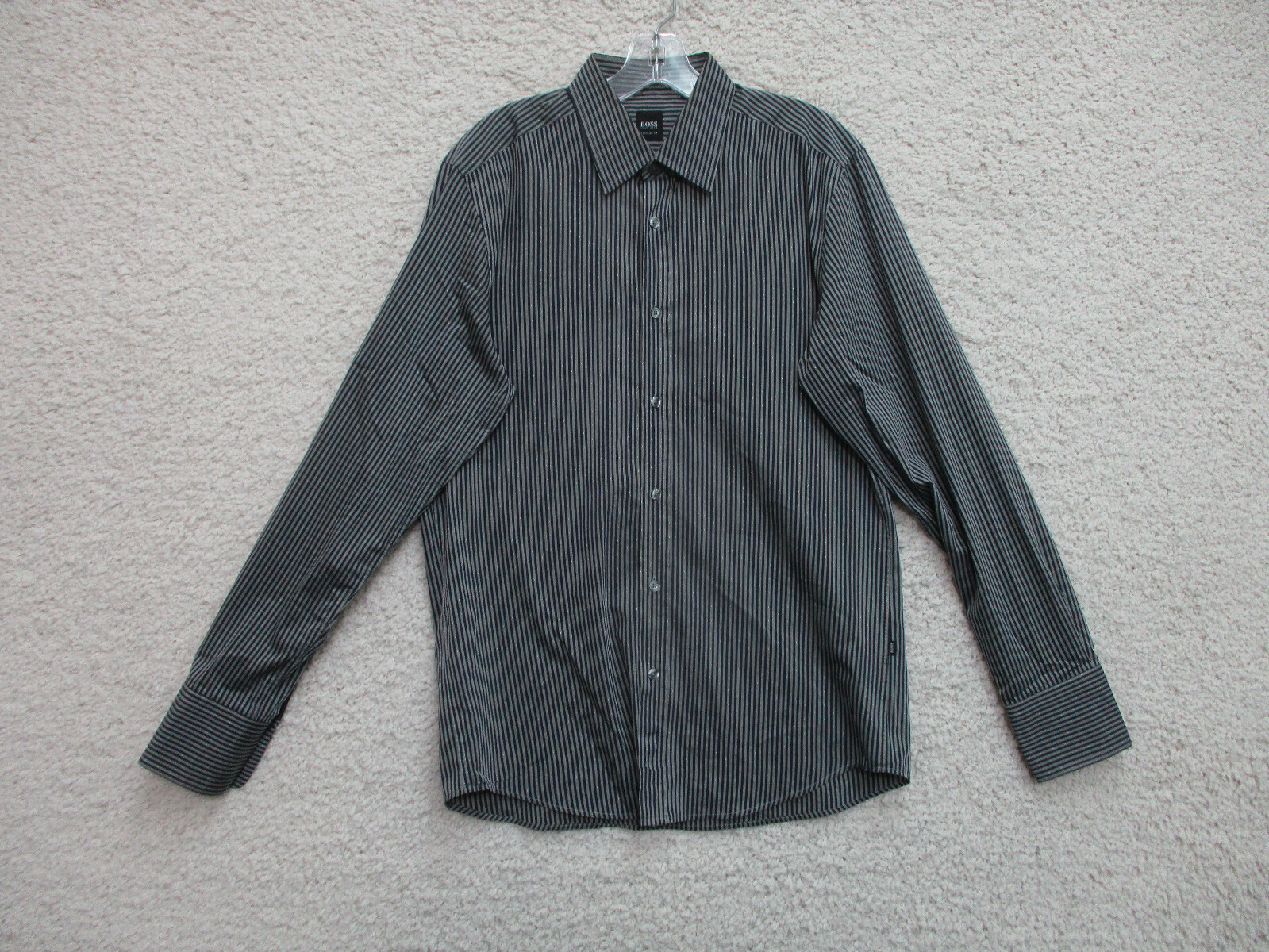 Hugo Boss Button Up Shirt Medium Adult Dark Gray Striped Regular Fit Cotton Mens