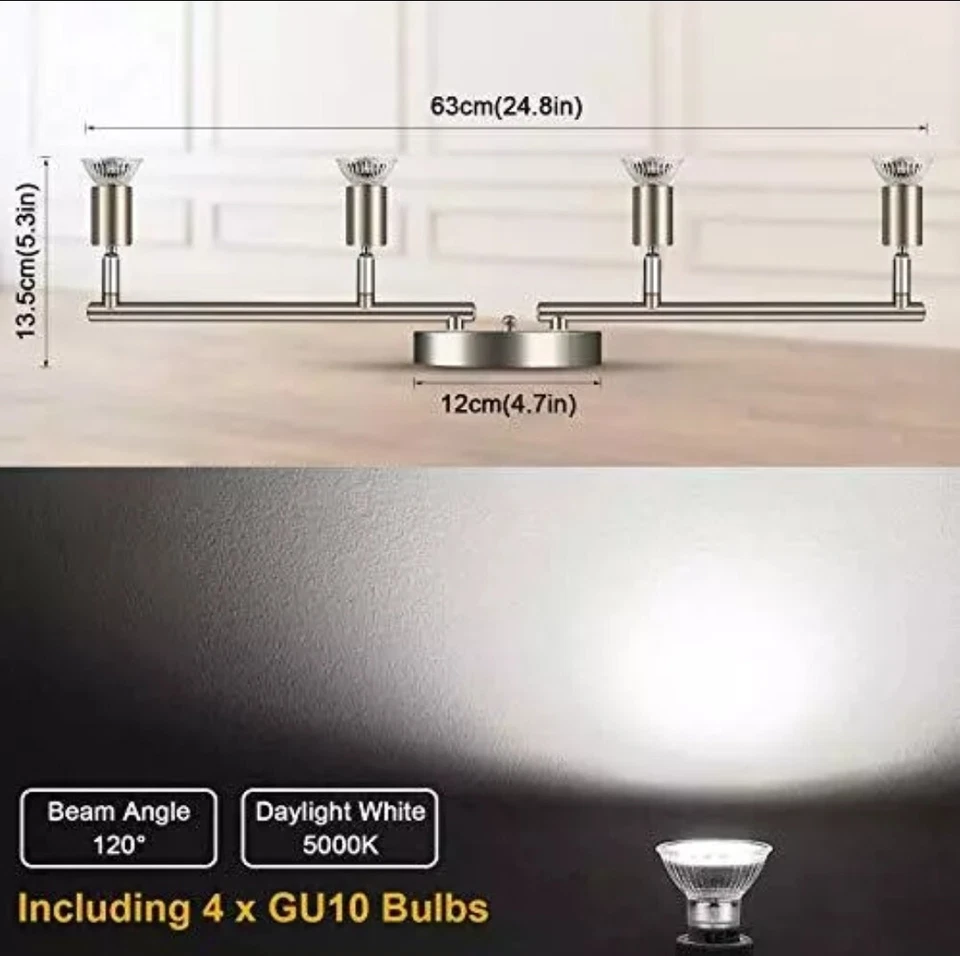 4-Light LED Track Lighting Kit, Flexibly Rotatable Light 4 Light Matt Nickel - Image 4 of 4