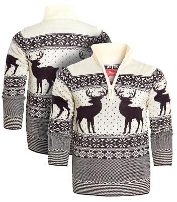 Mens Christmas Jumper Funnel Neck Sweater Reindeer Fairisle Size M L XL S  Knit UK
