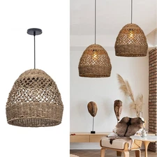 Woven Pendant Light, Modern Boho Hanging Lamp with Handwoven Rattan Shade, Fa...