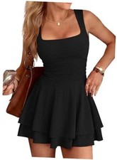 Women's Square Neck Fit Flare Cocktail Mini Tank Dress Grad X-Small A01-black