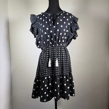 Zara Dress Womens Large Black White Polka Dot Ruffled Tassle Flirty