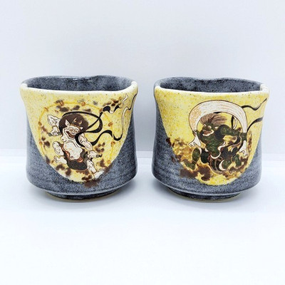 Kutani Ware Fujin Raijin Yunomi Tea Cup Set 2pcs Japan Gift #1796