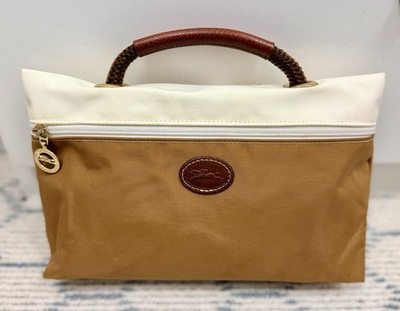 LONGCHAMP Vintage Rare Y2K Tan/Cream Color-Block Nylon Pouch W/ Leather Handle