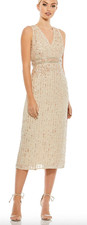 Mac Duggal Size: 10 SEQUINED SLEEVELESS V-NECK MIDI SHEATH DRESS Nude