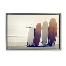 Beach Surfboards Leaning Framed Floater Canvas Wall Art Design by Mike Calasc...
