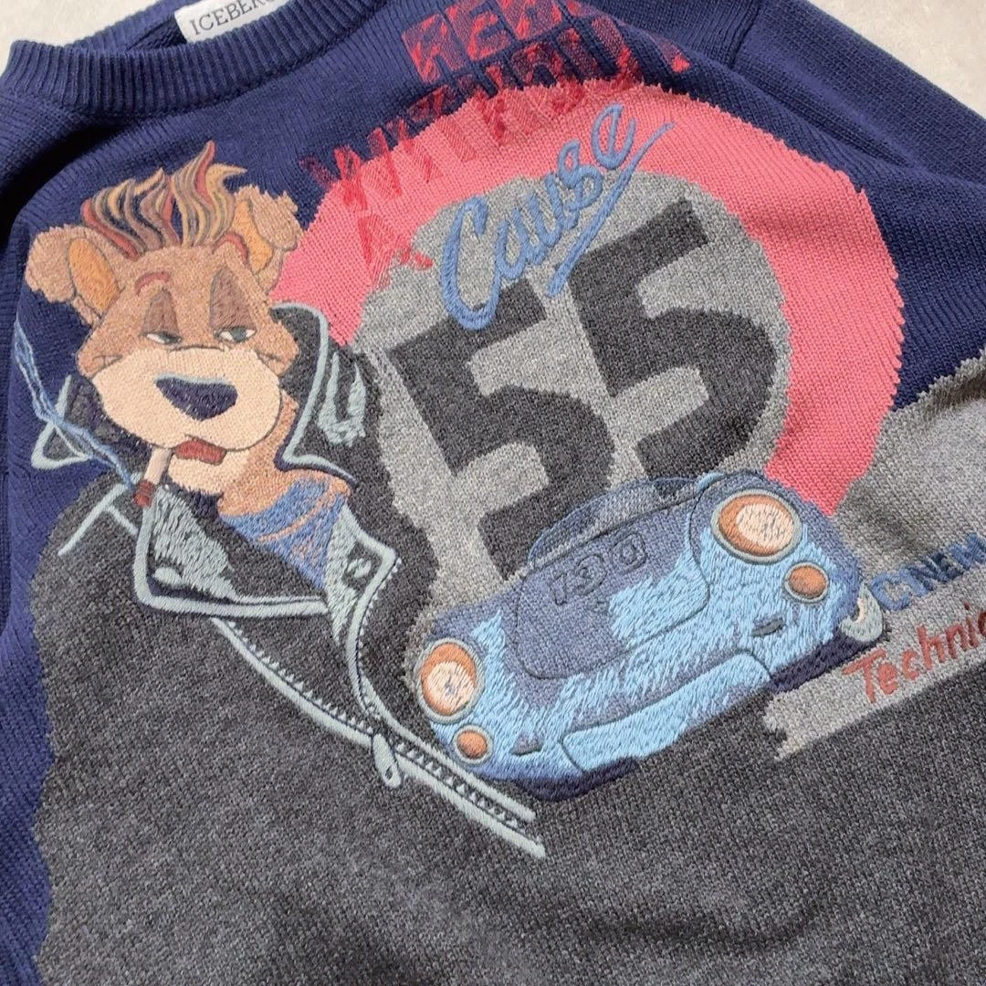 ICEBERG Vintage Knit Sweater L Bear Racing 90s Y2K Navy Charcoal image 4