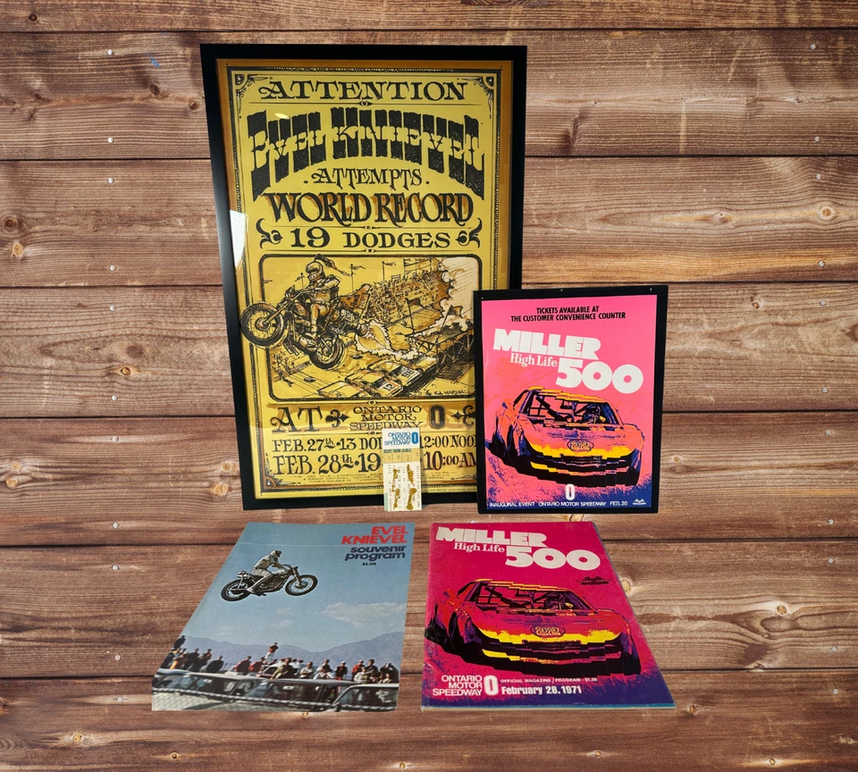 ¡Lote de carteles, programas y boletos de salto Evel Knievel Ontario! Raro conjunto de pósteres NASCAR Foto 2 de 4