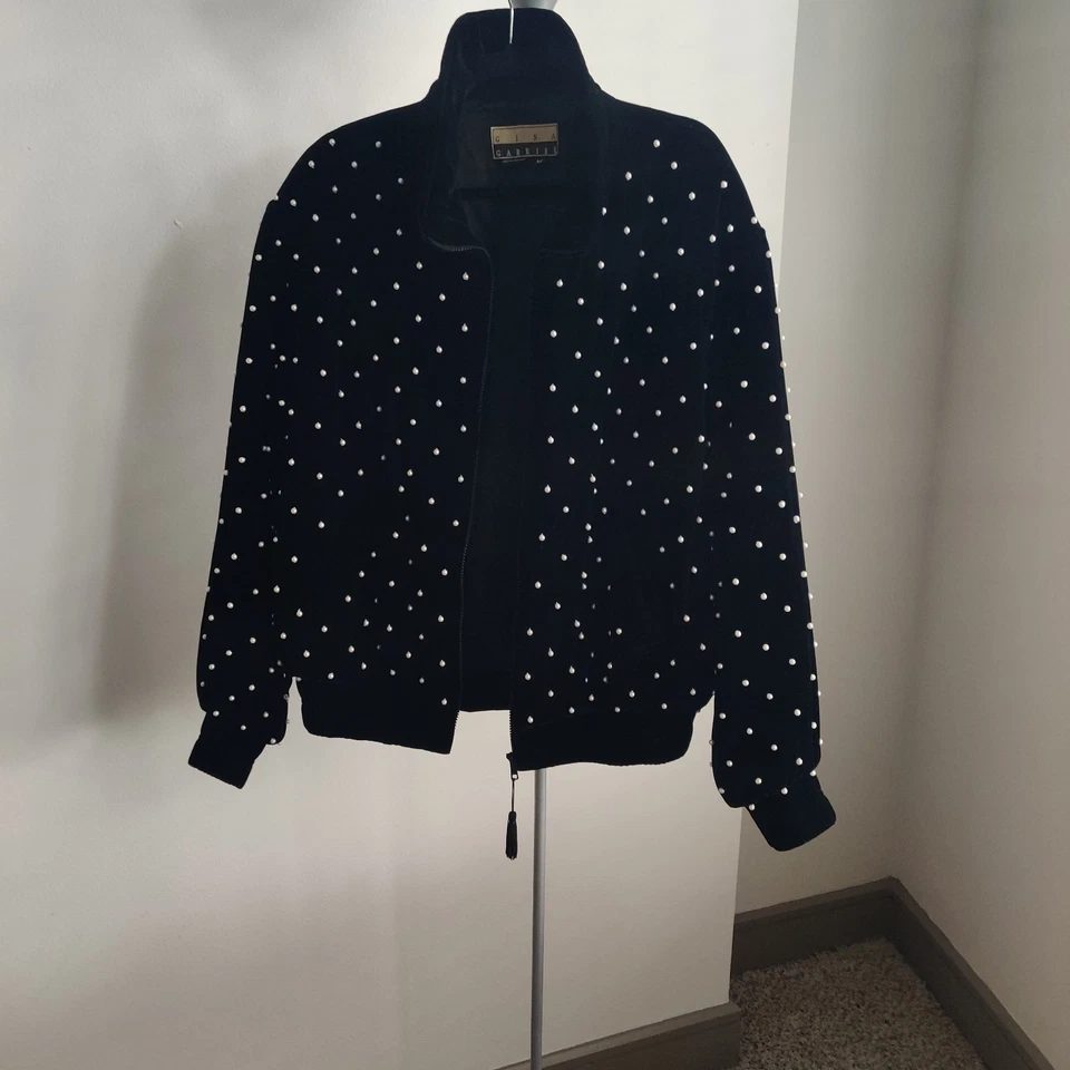 Винтажный Gina Gabriel женщин бархата бисером жемчуг шелковая смесь черный блейзер куртка - Изображение 2 из 4