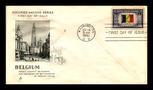 WW2 OVER-RUN NATIONS BELGIUM FLAG  ARTCRAFT  CACHET 1943  FDC UNADDRESSED