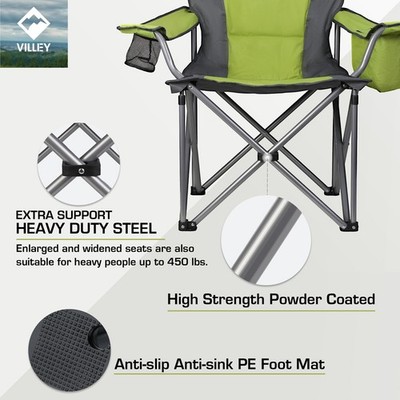 VILLEY Portable Oversized Camping Chairs Heavy Duty Foldable Chairs w/Cooler Bag