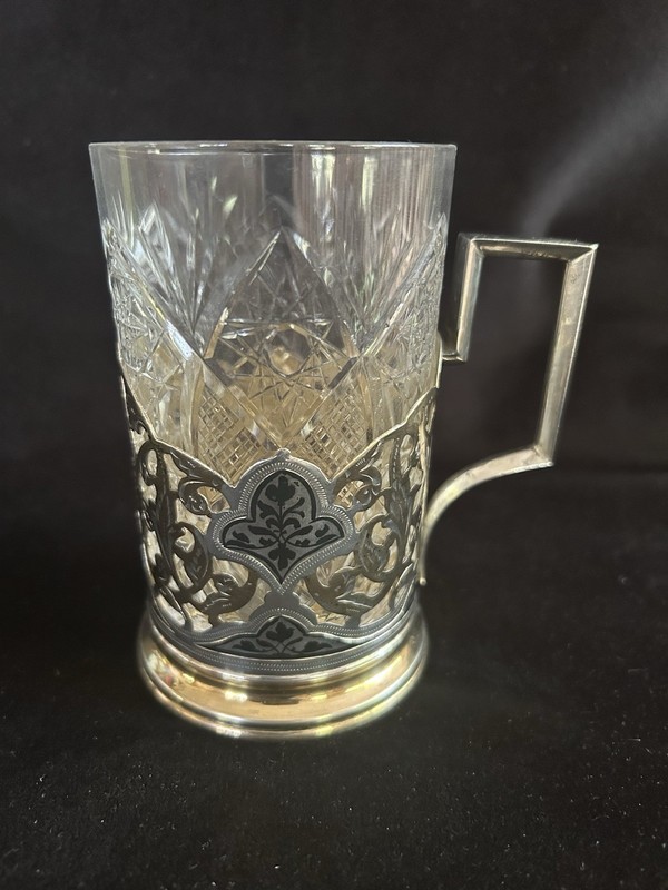 Vintage Russian Gilded Silver 875 Kubachi Niello Tea Glass Cup Holder & Glass
