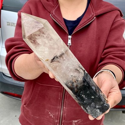 2.8LB Natural Black Hair Quartz Obelisk Crystal Energy Point Wand Reiki Decor