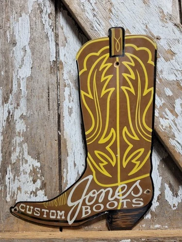 VINTAGE JONES BOOTS PORCELAIN SIGN OLD RODEO COWBOY WESTERN SHOE RANCH COBBLER