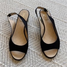 CHANEL Black Satin Slingback Open Toe Block Heel Logo Women's Heels US 7