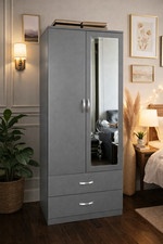 Ready Assembled Bedroom Furniture Grey 2 Door Wardrobe With Mirror and Drawers