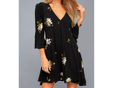 Free People Time On My Side Black Floral Print Wrap Dress V Neck Size Small