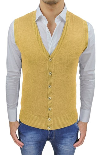 Cardigan smanicato uomo casual Giallo maglioncino gilet Slim Fit in cotone  | eBay