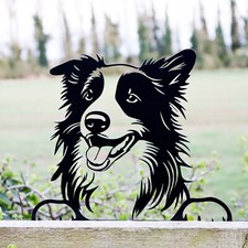 Peeking Border Collie Fence Topper Black Metal Dog Art Silhouette Garden Decor