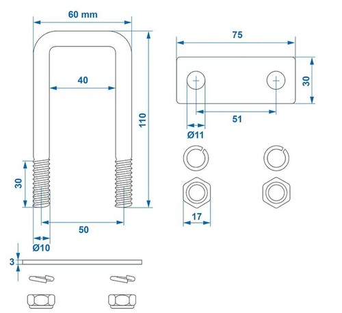 Square U-Bolts 304 Stainless Steel M6 M8 M10 with Nuts & Plates for Boat Trailer - Picture 12 of 13