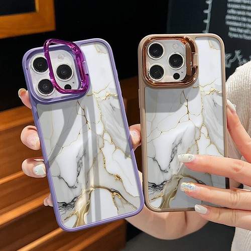 For iPhone 16 15 14 Pro Max 13 12 11 ShockProof Marble Camera Holder Case Cover
