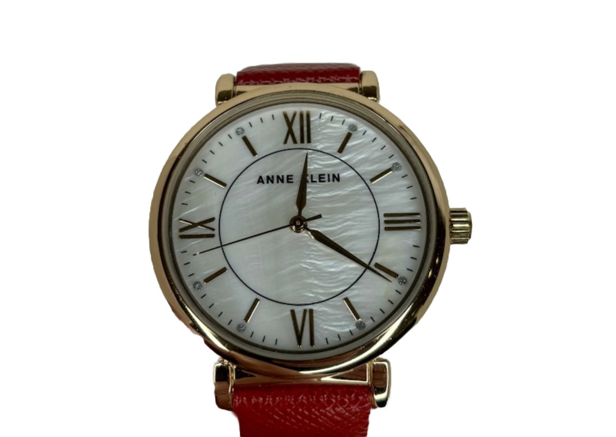 Anne Klein Watch Gold Tone With Red Leather Strap & Pearl 