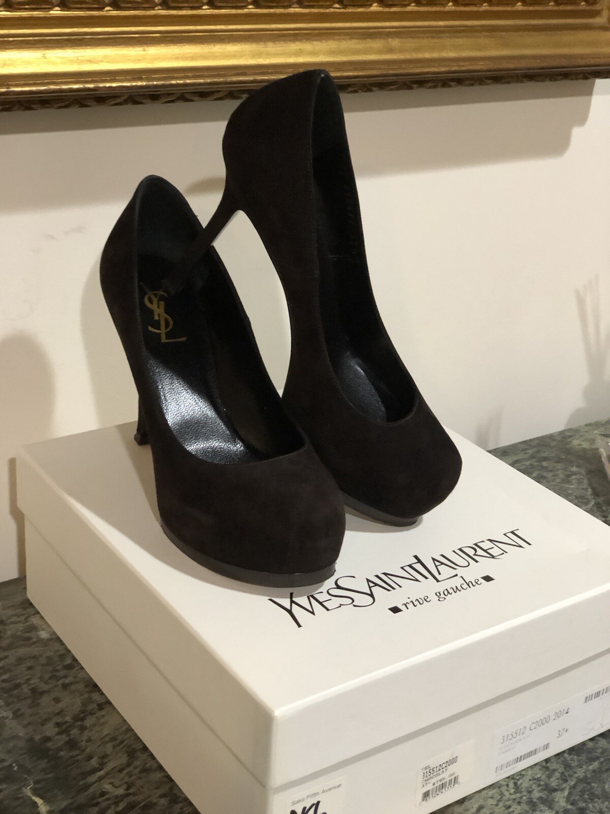 Scarpe decolte Saint Laurent Tribute 2 marrone cioccolato scamosciato plateau 80 mm taglia 37 5