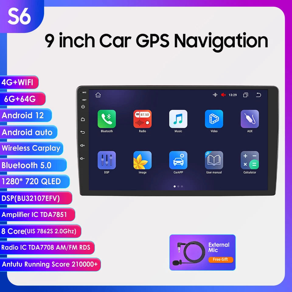 9" 2Din 6+64GB Android 12 Auto Car Radio Stereo WiFi 8Core CarPlay GPS Navi DSP - Image 3 of 4