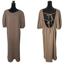 H&M Puff-Sleeve Waffled Jersey Midi Dress Womens L Brown Open Back Minimalist