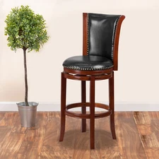 Vestina 30'' High Dark Chestnut Wood Barstool with Panel Back and Black Leath...