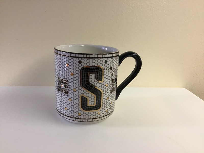ANTROPOLOGIE Bistro Tile Ceramic Cup 12 oz. Letter S Monogram, Excellent.