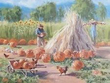 TOM HAAS painting 'The Patch' oil 12x16 farmer scarecrow pumpkins chickens