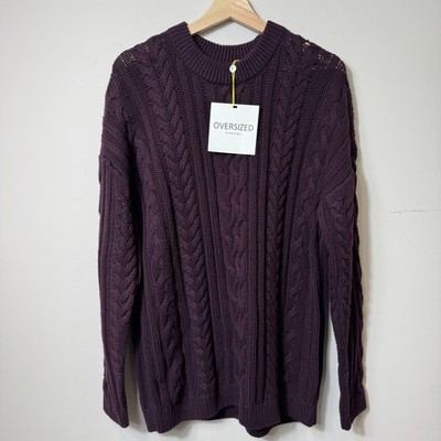 Fisk of Oslo Oversize-Pullover Zopfmuster M lila weinrot Fischer Baumwolle neu mit Etikett