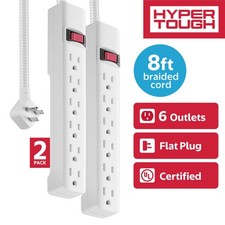 Hyper Tough Indoor 6-Outlet 8ft with Braided Cord, 2 Pack, White,15A,125V