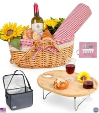 Deluxe Picnic Basket Set for 2 - Insulated Cooler, Blanket & Folding Table Gift