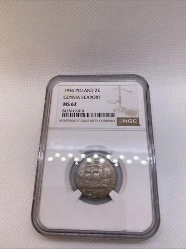 1936 Poland 2 Zlotych Gdynia Seaport Silver Coin NGC MS62 Beautiful Toning Rare