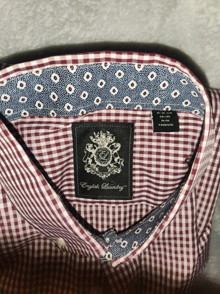 Camisa de vestir English Laundry para hombre M 15,5 32/33 borgoña cuadros guinga manga larga Foto 2 de 4