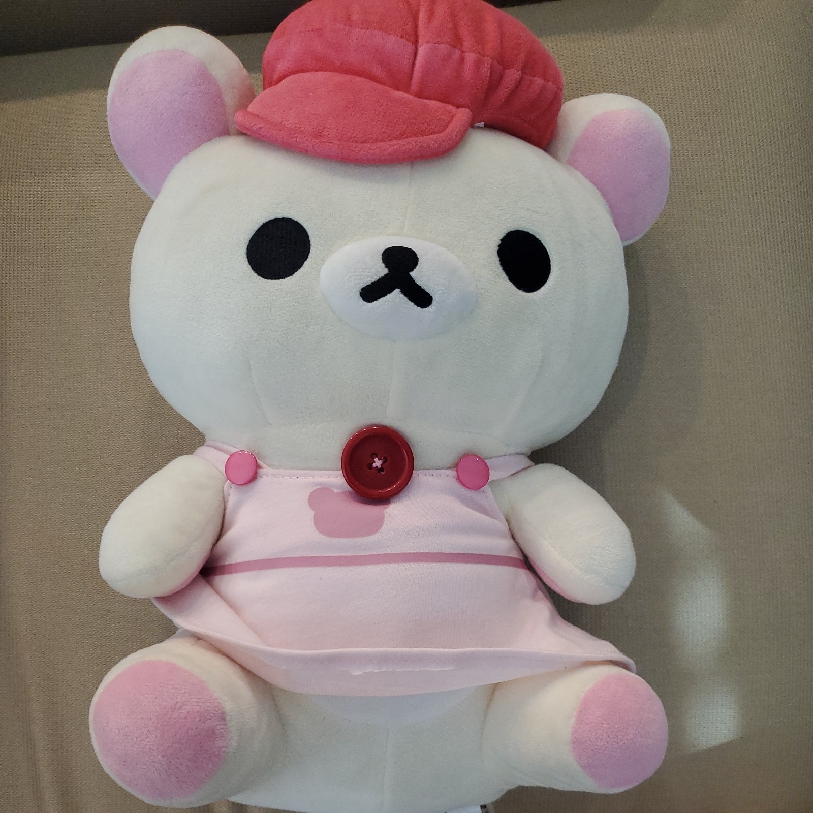 NWT San-X Rilakkuma KORILAKKUMA Bear In Pink Overalls & Beret Plush 13.5