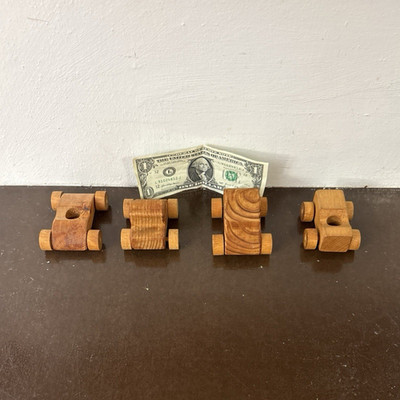 Lot of 4 Small Handcrafted Wooden Toy Cars, Mixed Wood Tones