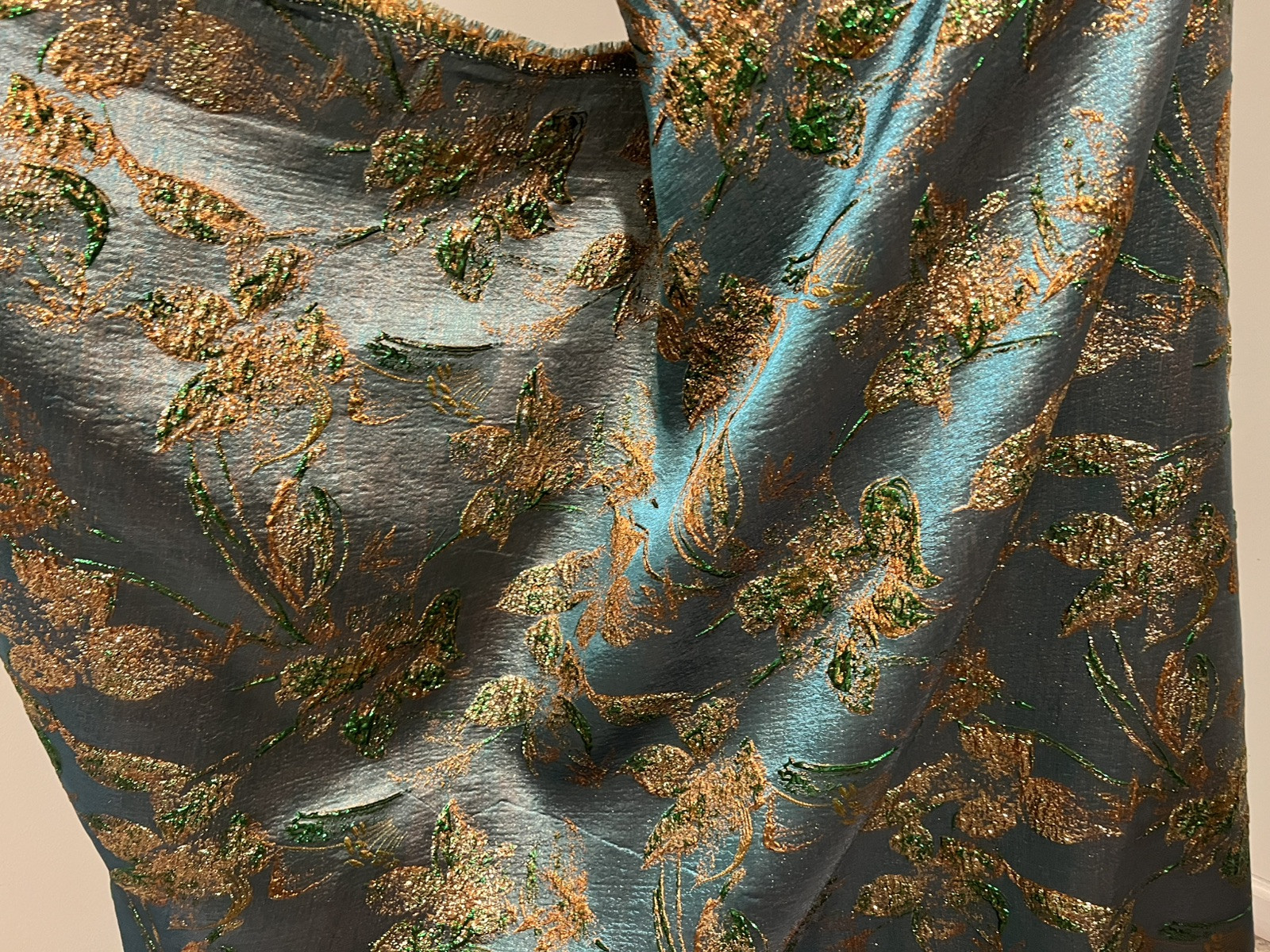 Gold Blue Green Metallic Brocade Fabric 58” Width Sold By Yard